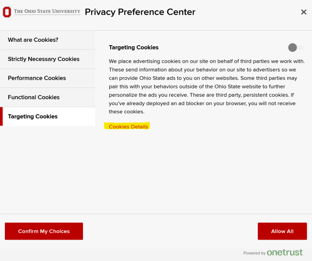 Highlighted Cookie Details link under the Targeting Cookies tab within the Privacy Preference Center window