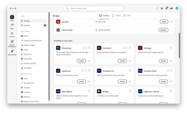 The home screen for Adobe Creative Cloud.