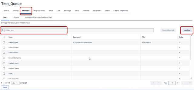 Queue Details window open for Test Queue with the Members tab selected, the Add User button highlighted and the Search field highlighted