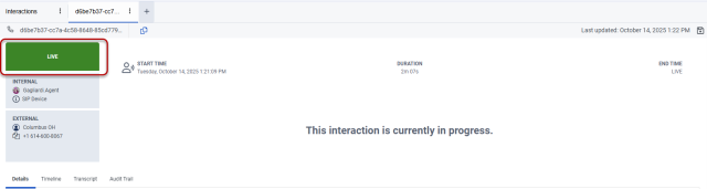 Interaction details open with Live highlighted