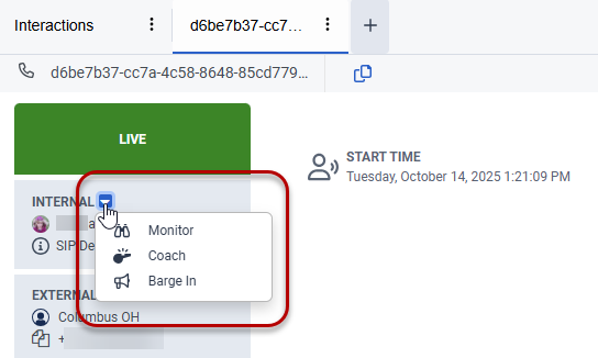 Agent menu with Coach Monitor and Barge in highlighted
