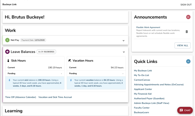 The dashboard for Buckeye Link, displaying leave balances for sick time and vacation time.