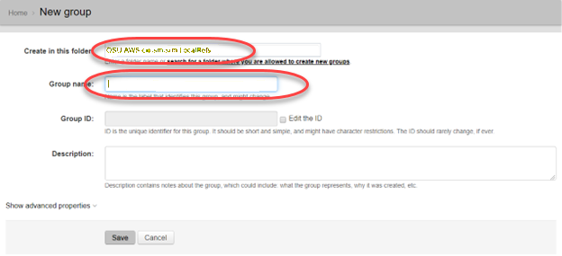 An example group window with the Folder and Group name fields highlighted