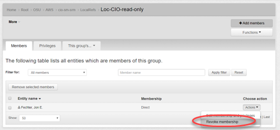 Revoke membership button highlighted in the lower right-hand corner