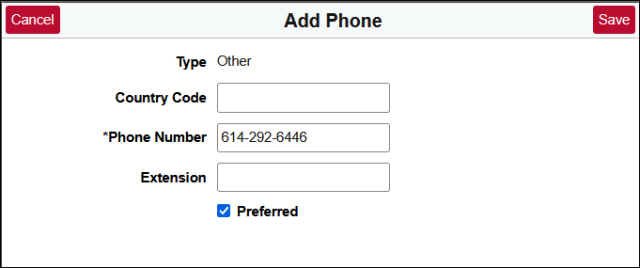 A screenshot of the Add Phone Number screen with an example phone number included. The correct format for a United States phone number is area code plus 7-digit phone number. The example used here is 614 dash 292 dash 6446