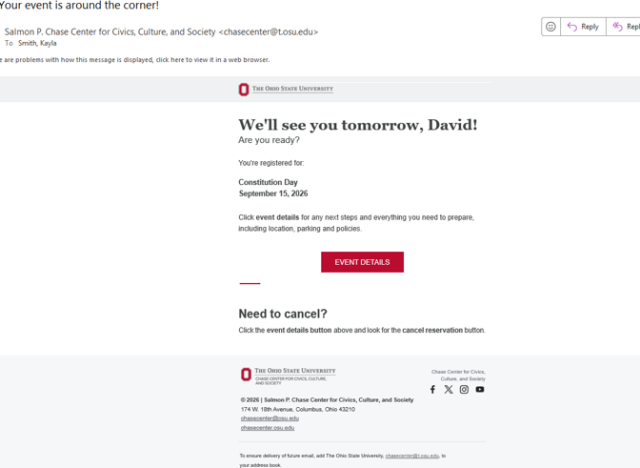 Example one-day reminder email for the Constitution Day event on September 15, 2026. The message tells David that the event is tomorrow and includes an Event Details button for event information and registration cancellation.