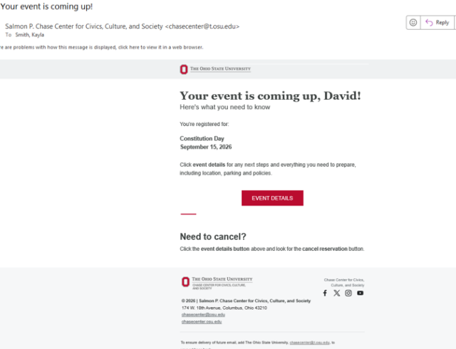 Example eight-day reminder email for the Constitution Day event on September 15, 2026. The message tells David that the event is coming up and includes an Event Details button for event information and registration cancellation.