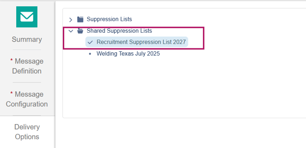 Shared suppression list checkbox marked so suppress the list