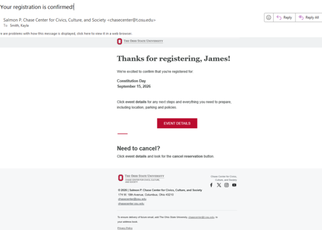 Example registration confirmation email for the Constitution Day event on September 15, 2026. The message thanks James for registering and includes an Event Details button for event information and registration cancellation.