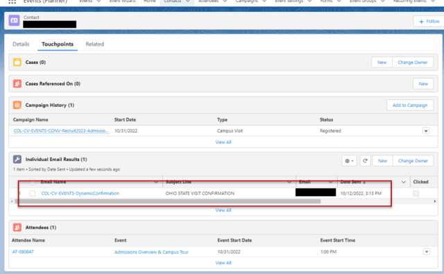Contact with Individual Email Results section highlighted