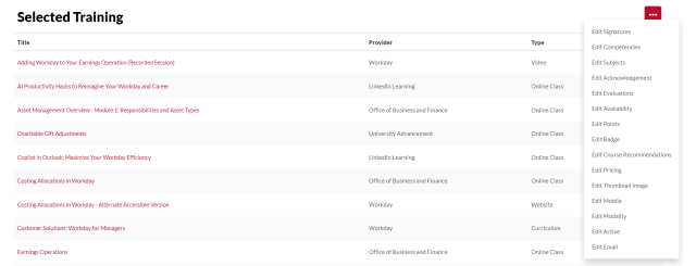 the selected training page