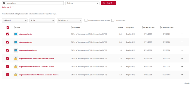 the course catalog page with search results