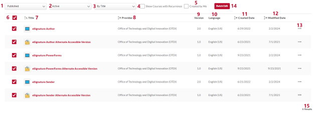 the course catalog search results with parts of the page numbered to match the text