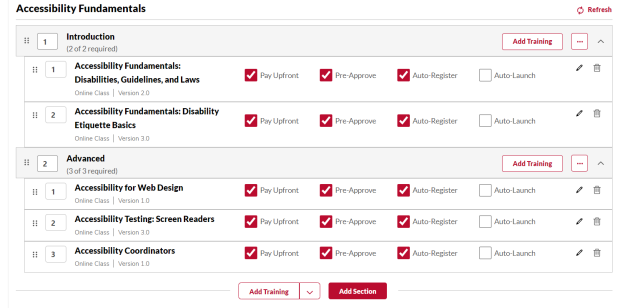 the structure page of a curriculum with two sections and multiple learning objects
