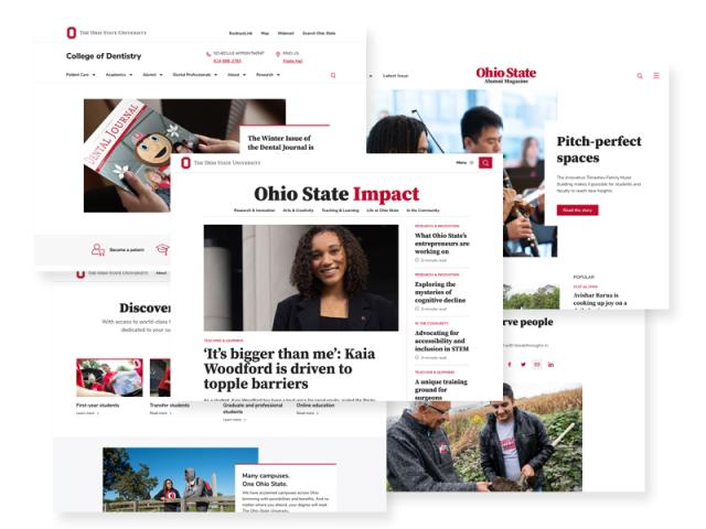 a collection of websites with consistent Ohio State branding and scarlet accents