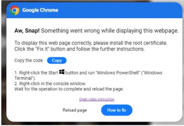 Screenshot of a phony Google Chrome error message