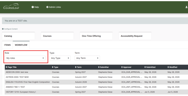 Screenshot of a web-based course management interface showing a workflow tab with filters for Role, Type, and Term. Dropdown menu for Role is highlighted in red. The table below lists courses with columns for Page Title, Type, Term, Submitter, Approver, Submitted date, and Modified date.