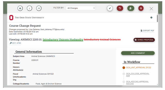 Screenshot of a course change request form from Ohio State University for ANIMSCI 2200.01 showing updated course title from Introductory Animal Sciences to Introductory Unicorn Husbandry. The form shows red/green mark up to indicate changes made to the proposal.