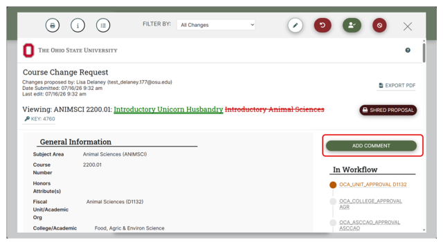 Screenshot of a course management interface showing details for an astronomy course labeled "ANIMSCI 2200.01" The add comments button is highlighted in a red box, and there is also a comment box with a note about including the course in program requirements.