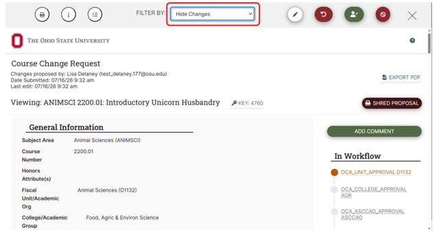 Screenshot of an online course change request form for English 1110.01HS at Ohio State University, showing general course details, workflow approval status with color-coded checkmarks, and options to edit, rollback, approve, or deny the request. The filter by drop down menu is highlighted with the Hide Changes option selected. The form shows final text without red/green mark up.