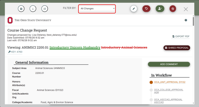 Screenshot of a course change request form from Ohio State University for ANIMSCI 2200.01 Introductory Animal Sciences shows Filter by drop down menu highlighted in a red box.