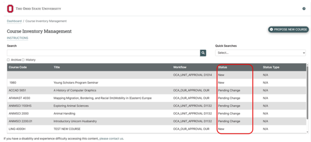 Screenshot of a course inventory management system displaying a table with columns for Course Code, Title, Workflow, Status, and Status Type. Status column highlights various entries marked as "New" or "Pending Change," indicating recent updates or modifications to course statuses.