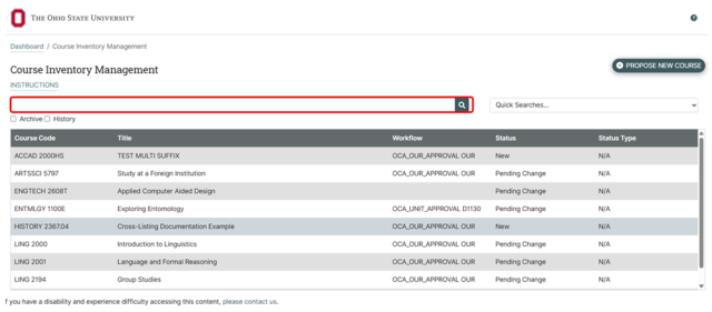 Screenshot of a course inventory management dashboard from Ohio State University showing a table with columns for Course Code, Title, Workflow, Status, and Status Type. The table lists various courses with statuses such as "New" and "Pending Change". The search bar with magnifying glass icon are circled in red.