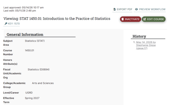 Screenshot of a course management system displaying details for a statistics course titled "Introduction to the Practice of Statistics." It includes course subject, number, honors attribute, academic unit, college group, level, and effective term, with options to export PDF, preview workflow, deactivate, or edit course.