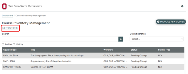 Screenshot of a course inventory management dashboard for Ohio State University showing a table of courses with columns for course code, title, workflow, status, and status type. The word Instructions under the header of Course Inventor Management is circled in red.