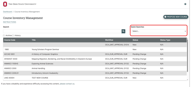 Screenshot of a Course Inventory Management dashboard from Ohio State University showing a table with columns for Course Code, Title, Workflow, Status, and Status Type. The Drop Down Box is circled in red to show how to search for different statuses.