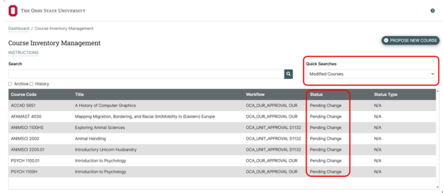 Screenshot of a course inventory management dashboard from Ohio State University showing a list of modified courses. The table highlights course codes, titles, workflows, and status columns, with all listed courses marked as "Pending Change" under status.