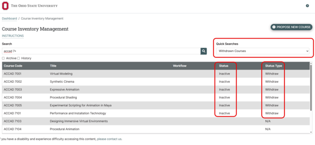 Screenshot of a course inventory management table from The Ohio State University portal showing course codes, titles, workflows, statuses, and status types. All listed courses have "Inactive" status and "Withdraw" status type, indicating they are no longer active or available.  Delaney, Lisa  New pic. Alt text: Screenshot of a Course Inventory Management table from Ohio State University displaying course codes, titles, workflows, statuses, and status types. All listed courses have an "Inactive" status with 