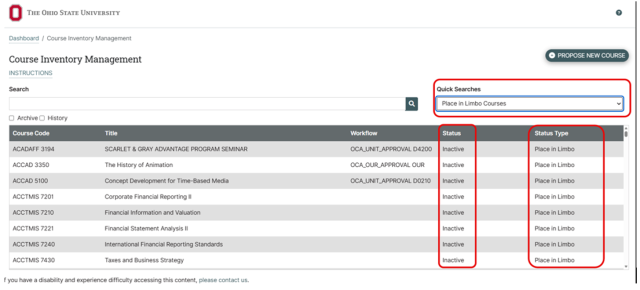 Screenshot of a Course Inventory Management table from Ohio State University displaying course codes, titles, workflows, statuses, and status types. All listed courses have an "Inactive" status with a "Place in Limbo" status type, highlighted in a red oval on the right side.