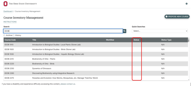 Screenshot of a course inventory management system showing a list of courses with columns for course code, title, workflow, status, and status type. Status and status type columns are blank for all listed courses, indicating no current workflow or status updates.