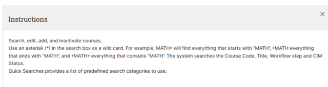 Screenshot of instructions for searching courses by Subject Code and Course Catalog Number. Text explains using exact codes, asterisks for partial matches, and provides a URL for complete Subject Codes and descriptions.
