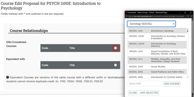 Screenshot of a course proposal form showing a section titled "Course Relationships" with fields for OSU crosslisted courses and equivalent courses, including columns for course code and title. A pop-up window overlays the form, displaying a list of history courses with codes and titles, such as "SOCIOL 1101 Introductory Sociology" and "SOCIOL 1102 Social Foundations of Race, Ethnicity, Gender, and Social Class" with options to add selected courses.