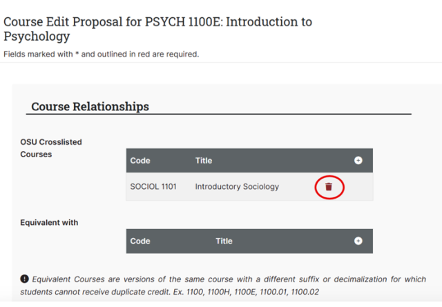 Screenshot of a course management interface showing a crosslisted course titled "Introductory Sociology" with code SOCIOL 1101 listed under OSU Crosslisted Courses. The section for equivalent courses is empty, and a red trash can icon is visible next to the crosslisted course for deletion.