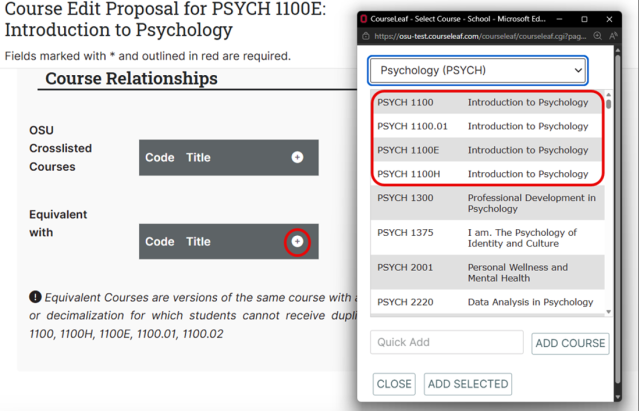 Screenshot of a course proposal form showing a section titled "Course Relationships" with fields for OSU crosslisted courses and equivalent courses, including columns for course code and title. A pop-up window overlays the form, displaying a list of Psychology courses with codes and titles, such as "PSYCH 1100.01" and "PSYCH 1100E" highlighted with a red box with options to add selected courses.