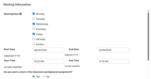 Screenshot of a table titled "Meeting Information" displaying columns for Meeting Day, Start Date, End Date, Start Time, End Time, Instructor Name, and Instructor Role. A red box highlights a small circular icon with a plus sign on the right side of the table header.