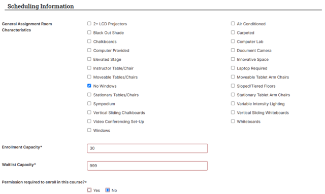 Screenshot of a course component form showing fields for meeting pattern, instructor name, role, print instructor option, and grading access. The form includes dropdown menus and text inputs with "Cancel" and "Save" buttons at the bottom.