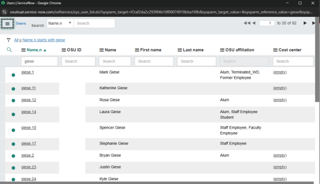 Screenshot of a user management table from a ServiceNow interface showing search results for users with names starting with "giese." Table columns include Name, OSU ID, First name, Last name, OSU affiliation, and Cost center, with various entries displaying user details and some cost center codes.