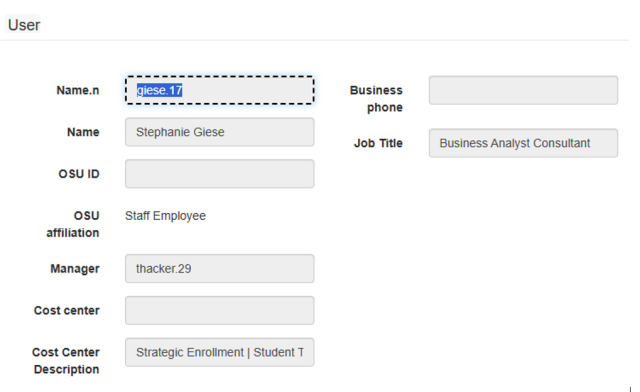Screenshot of a user profile form displaying fields for personal and job-related information. It includes entries such as username, full name, OSU ID, employee status, manager, cost center, and job title, with some fields filled and others blank.