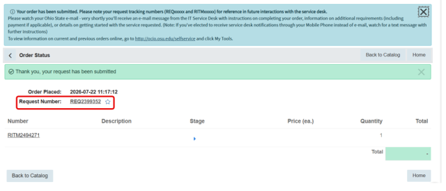 Screenshot of an order confirmation page showing order placement date and time as 2023-07-22 11:17:12 and a highlighted request number REG2399352. The page includes a table listing an item with its number, description, stage, price, quantity, and total, along with navigation buttons for catalog and home.