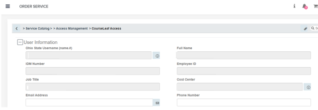 Screenshot of a user information form for CourseLeaf Access under Access Management service catalog. Form fields include Ohio State Username, IDM Number, Job Title, Email Address, Full Name, Employee ID, Cost Center, and Phone Number, with example data filled in.