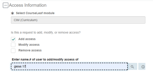 Screenshot of an access information form for selecting a CourseLeaf module, with "CIM (Curriculum)" chosen. The form includes options to add, modify, or remove access, with "Add access" checked and a user ID entered for access modification.