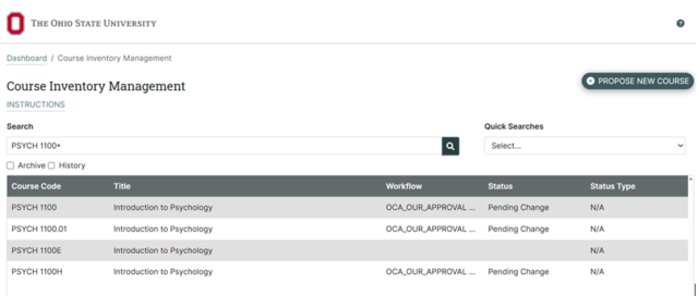 Screenshot of a course inventory management webpage from Ohio State University displaying a list of Psychology 1100 courses, including PSYCH 1100, 1100E, 1100ES, 1100H. Table includes columns for course code, title, workflow, status, and status type, with some courses marked as "Pending Change" under workflow and status.