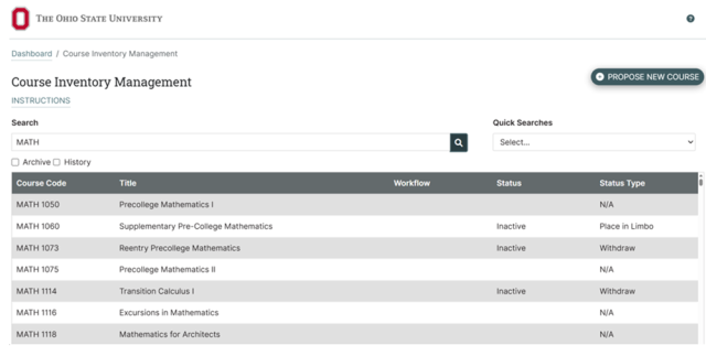 Screenshot of a course inventory management system from Ohio State University showing a list of math courses with columns for course code, title, workflow, status, and status type. The list includes courses like Precollege Mathematics I, Supplementary Pre-College Mathematics, and Transition Calculus I, with some marked inactive or withdrawn, and a search bar with the term "math" entered.