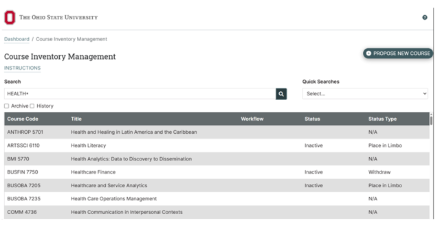 Screenshot of a course inventory management webpage from Ohio State University displaying search results for courses related to "health*." Table lists course codes, titles, workflow status, and status types, with notable entries including inactive courses like "Health Literacy" and "Healthcare Finance," and active courses such as "Health and Healing in Latin America and the Caribbean."