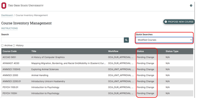 Screenshot of a course inventory management dashboard from Ohio State University showing a list of modified courses. The table includes columns for Course Code, Title, Workflow, Status, and Status Type, with all listed courses marked as "Pending Change" under Status and "N/A" under Status Type, highlighting courses awaiting updates.