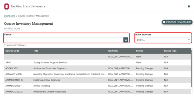Screenshot of a Course Inventory Management dashboard from Ohio State University showing a table with columns for Course Code, Title, Workflow, Status, and Status Type. Features include a search bar and quick search dropdown which are both circled in red.